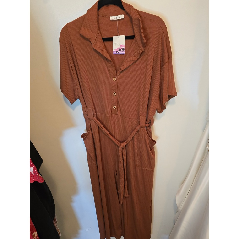 Charlotte Avery Dainty Hooligan Rust Ribbed Knit Wide Leg Jumpsuit Large NWT